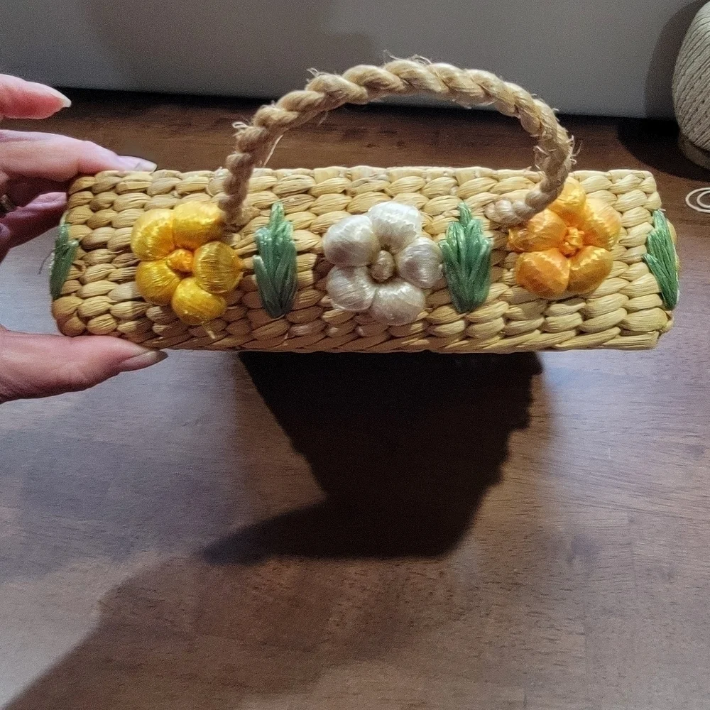 Vintage Basket with flowers and Jute Handles for serving Spring Easter Brunch